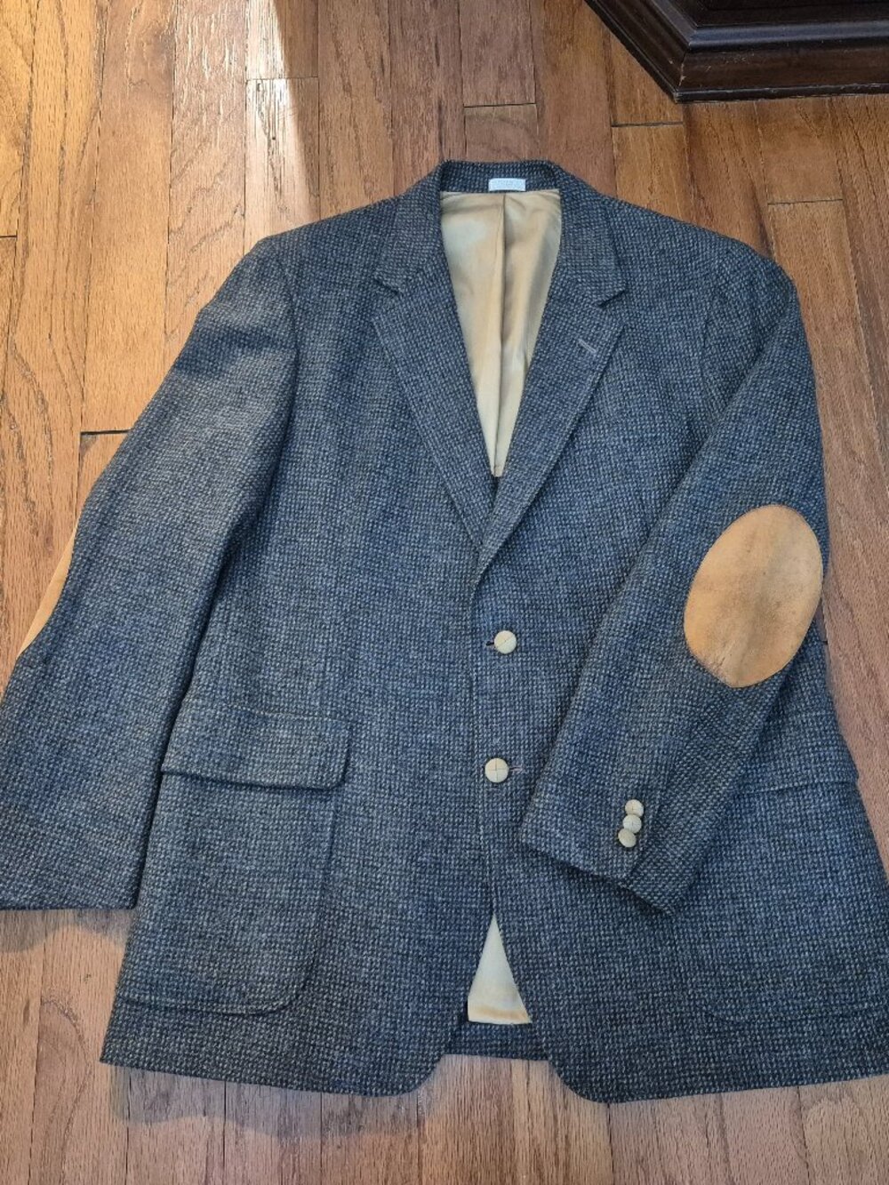 Tweed Blazer Sport Coat Neutral Gray Wool sz 46R Suede Elbow Patches